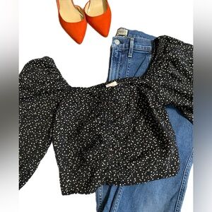 A New Day Black and White Gathered Crop‎ Speckled Blouse